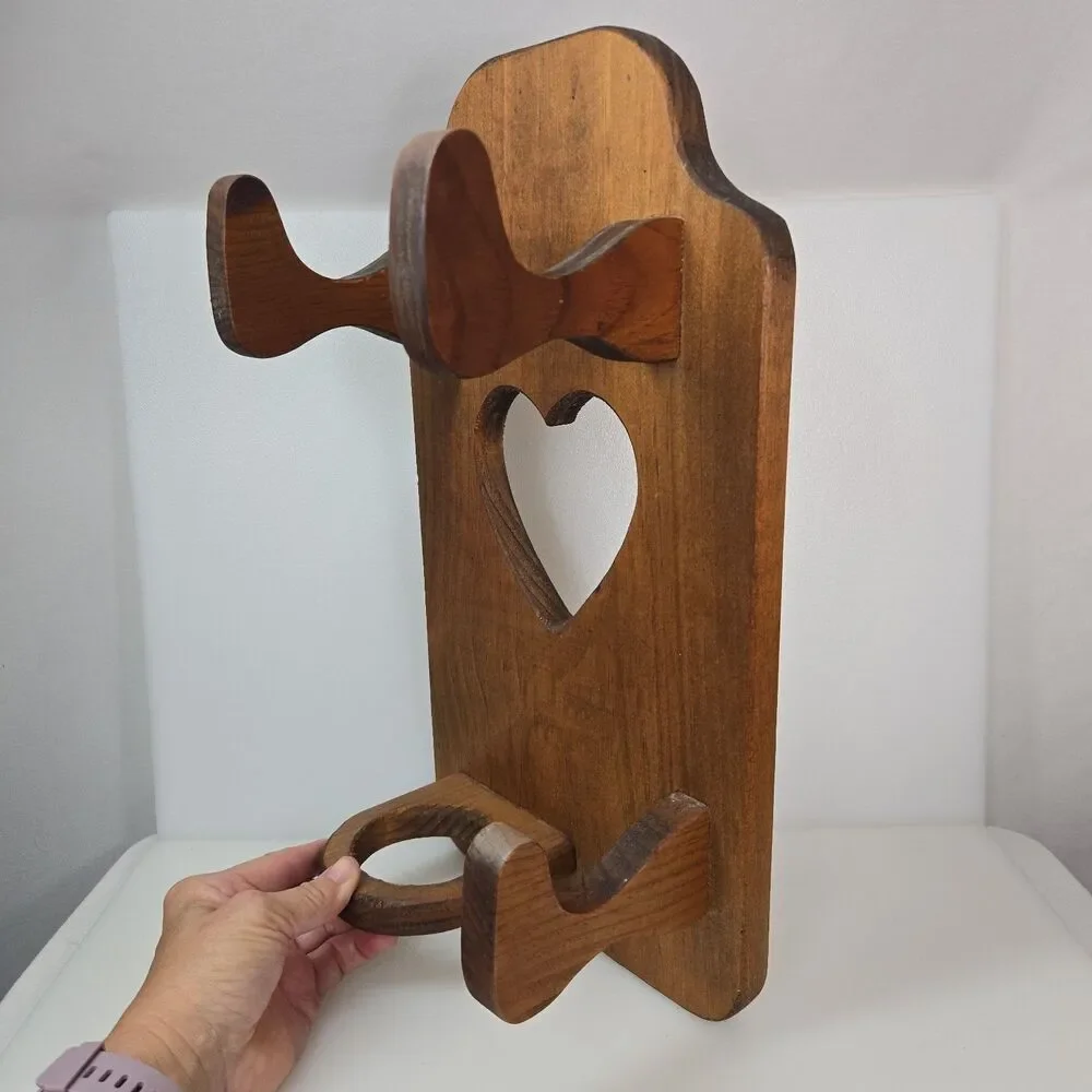 Vintage Wood Wall Mount Hair Dryer Curling Iron Holder Rustic Bathroom Organizer
